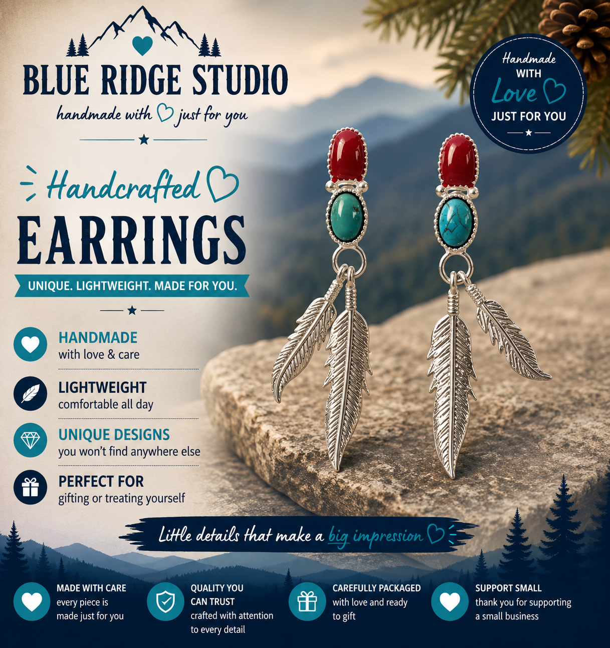 Coral & Turquoise Feather Drop Earrings