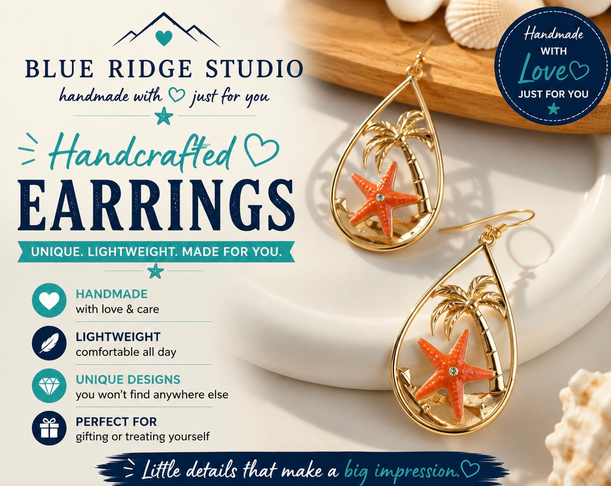 Peach Starfish & Gold Palm Tree Earrings