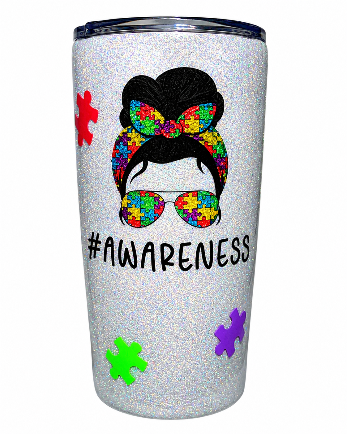 #Awareness – Autism Puzzle Piece Messy Bun Tumbler