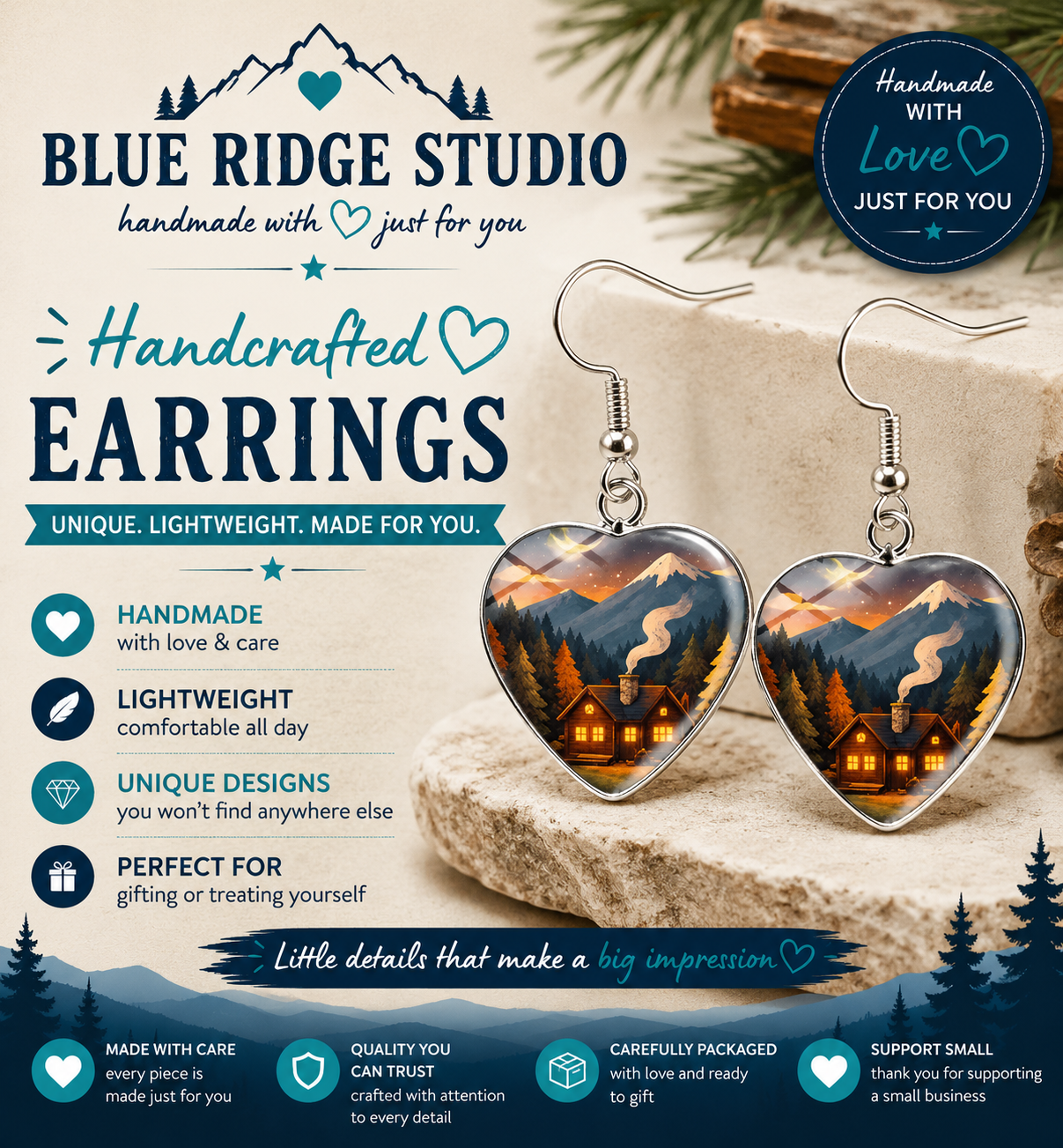 Mountain Cabin Heart Earrings