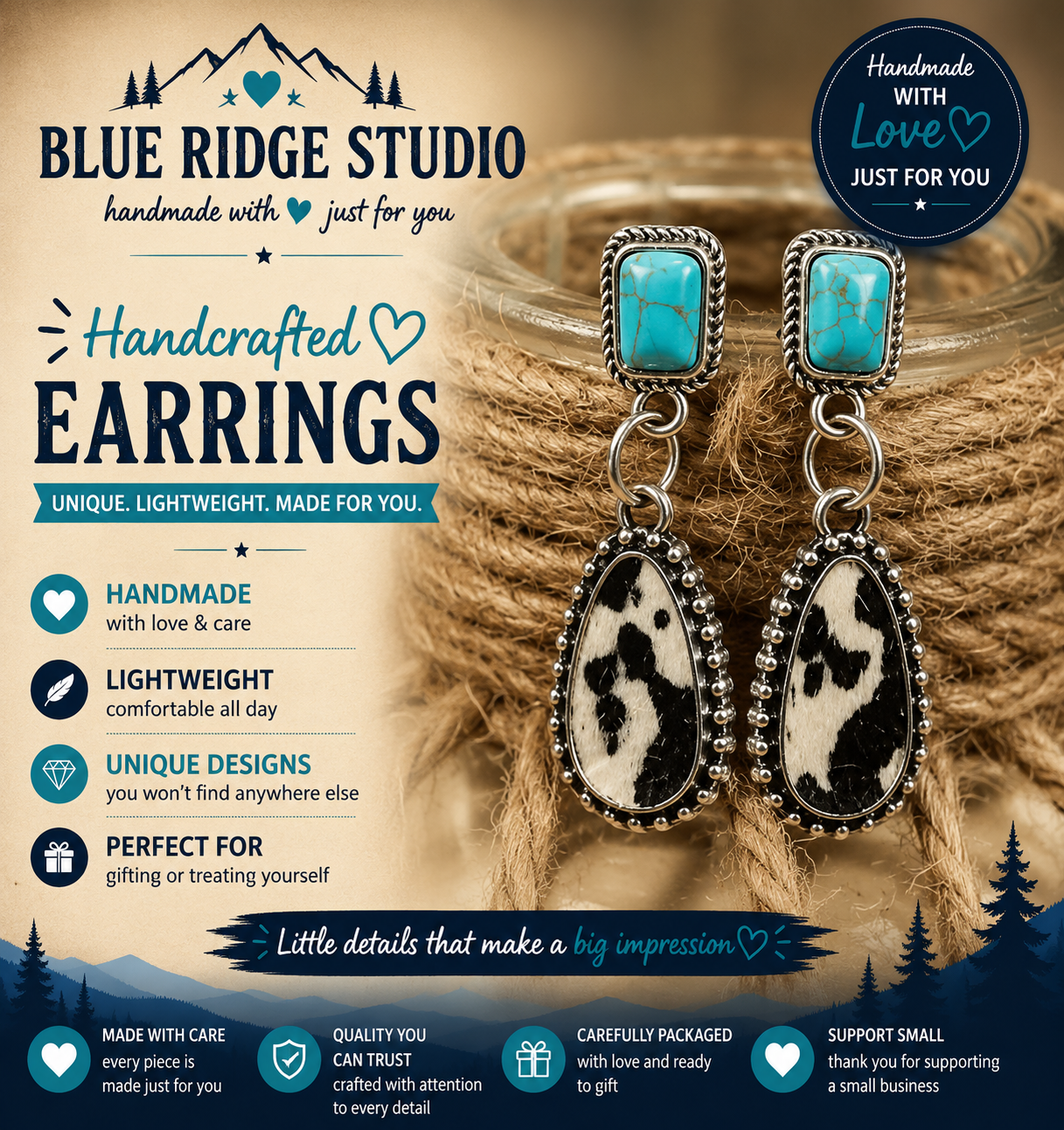Turquoise & Cowhide Teardrop Drop Earrings