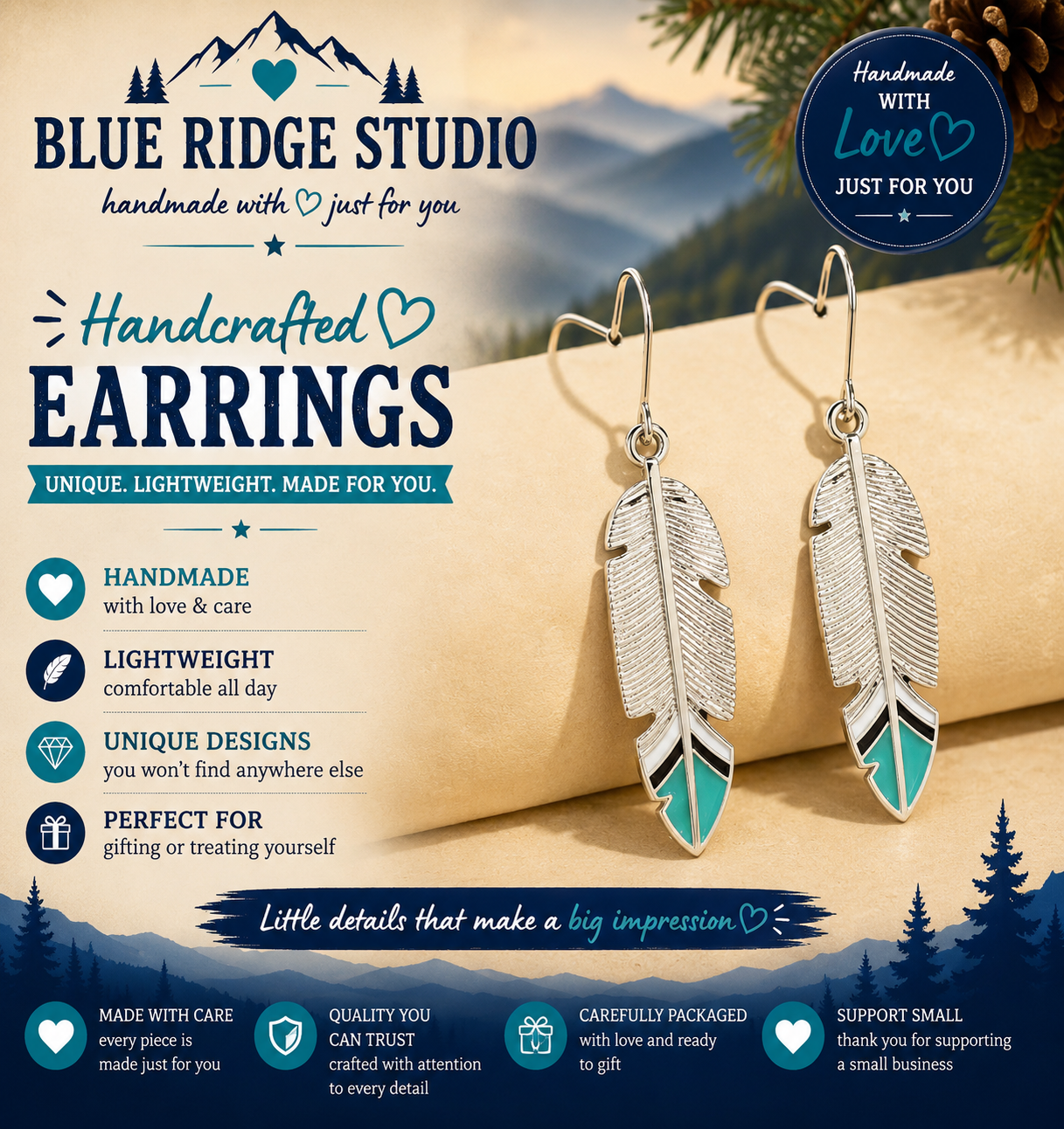 Silver & Turquoise Feather Drop Earrings