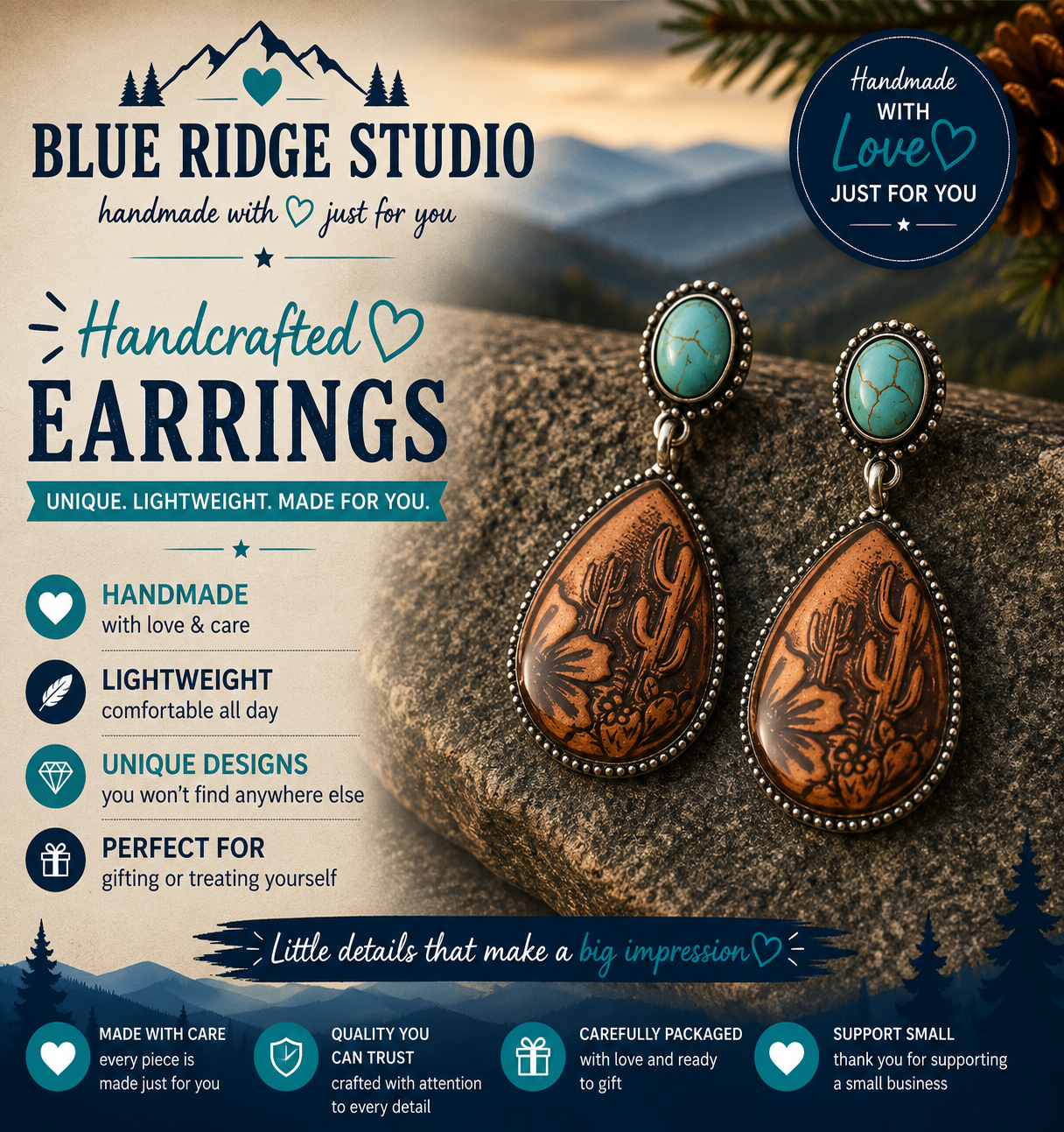 Turquoise & Tooled Leather Cactus Teardrop Earrings