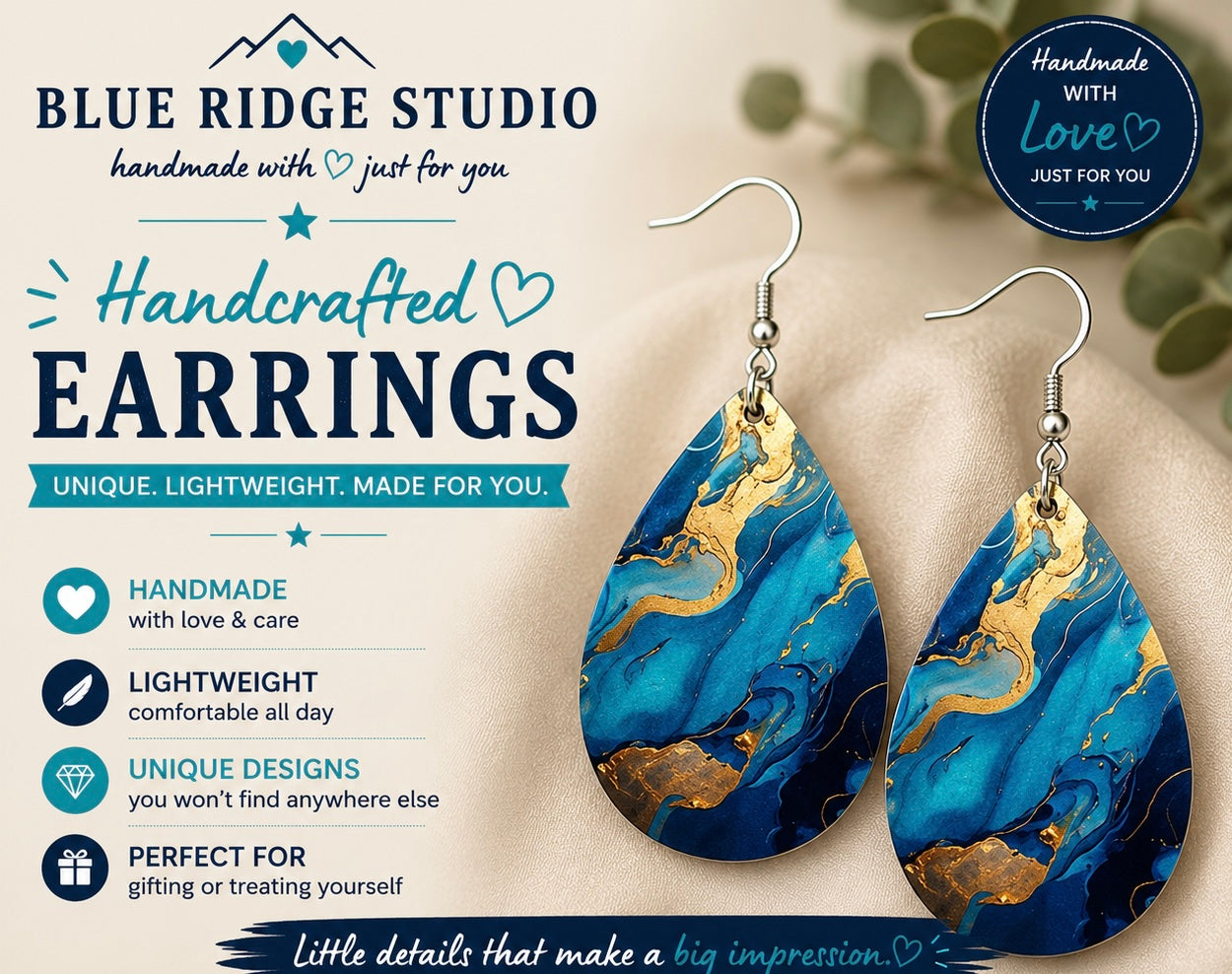 Blue and Gold Marble Earrings